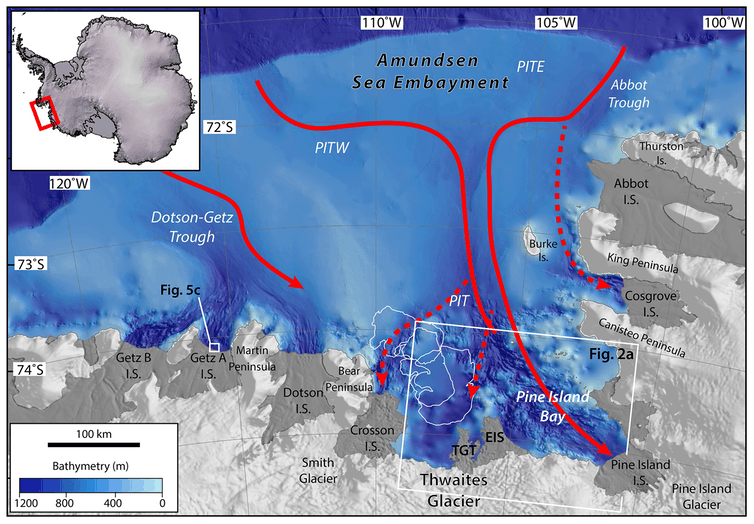 Kaart van het zeebekken van Amundsen inclusief de Thwaites-gletsjer.