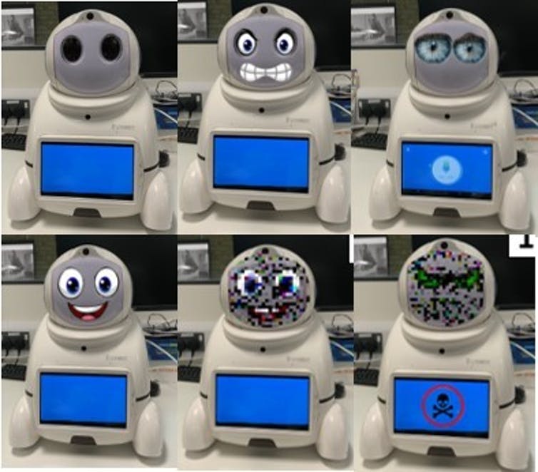 Zes afbeeldingen van een robot met verschillende gezichtsuitdrukkingen.