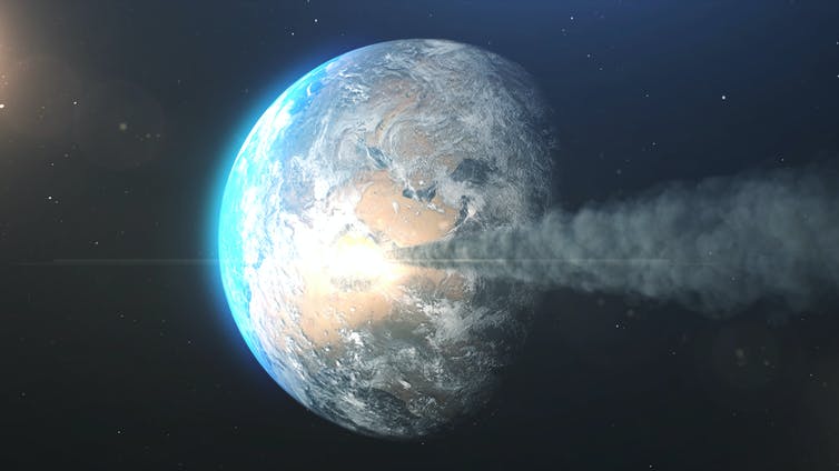 Een 3D rendering van een asteroïde die de Aarde raakt.