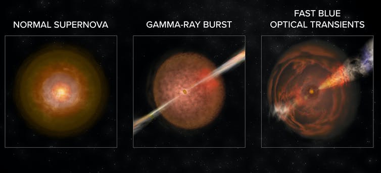 Artist's image van de explosie. vergeleken met een supernova en een uitbarsting van gammastralen.