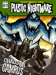 De voorpagina van het eerste nummer van de strip 'Plastic Nightmare'. De illustratie toont een roofzuchtig wezen boven een universiteitscampus.
