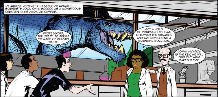 Een scène uit de strip 'Plastic Nightmare'. Het toont een dinosaurus die door het raam van een wetenschapslab naar binnen kijkt.