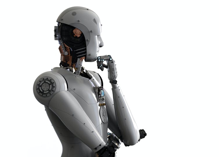 Afbeelding van een androïde robot die denkt op witte achtergrond.