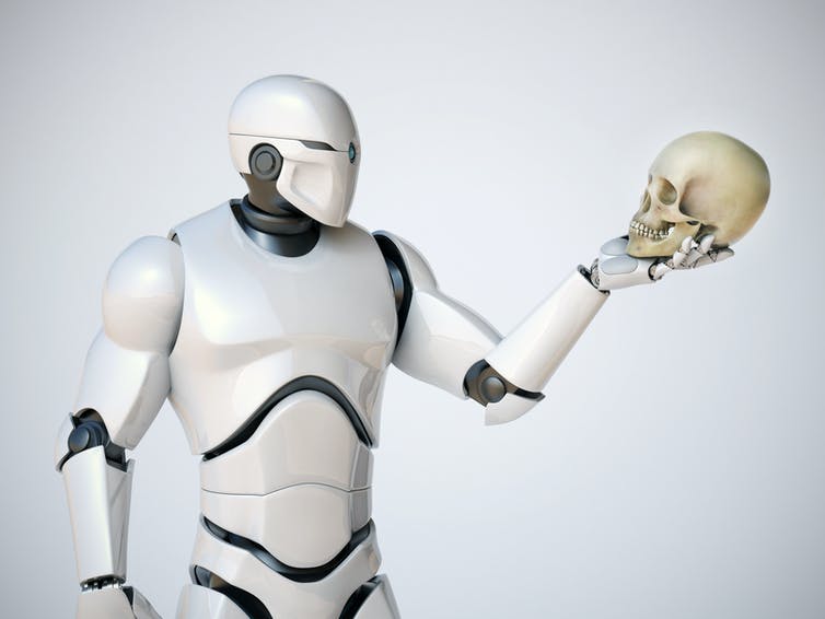 Robot die een schedel vasthoudt in de stijl van Hamlet