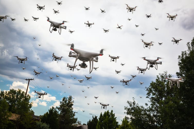 Drones zwermen over bomen