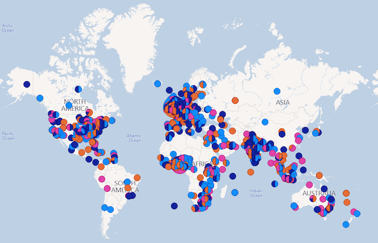 Een kaart met wereldwijde clusters van twitteractiviteit