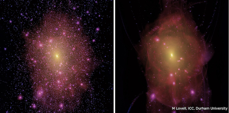 Figuur van een sterrenstelsel gesimuleerd met koude donkere materie (links) versus warme donkere materie (rechts).  Er zijn veel meer clumps van koude donkere materie die dwergstelsels kunnen herbergen dan clumps van warme donkere materie.