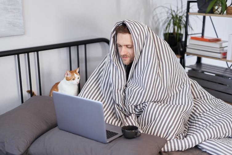 Man in bed met dekbed op hoofd met kat.