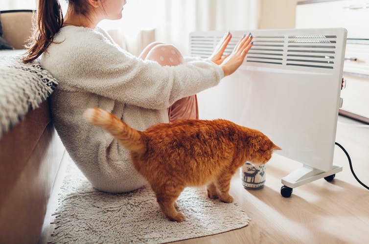 Vrouw verwarmt haar handen met kat naast ruimteverwarming