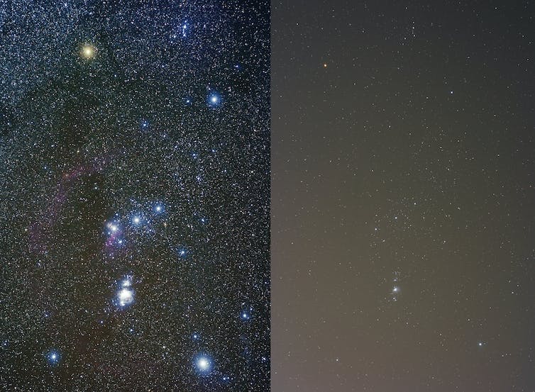 Het sterrenbeeld Orion, links afgebeeld vanuit een donkere hemel, en rechts vanuit de bruisende metropool Orem, UT met ongeveer een half miljoen inwoners.