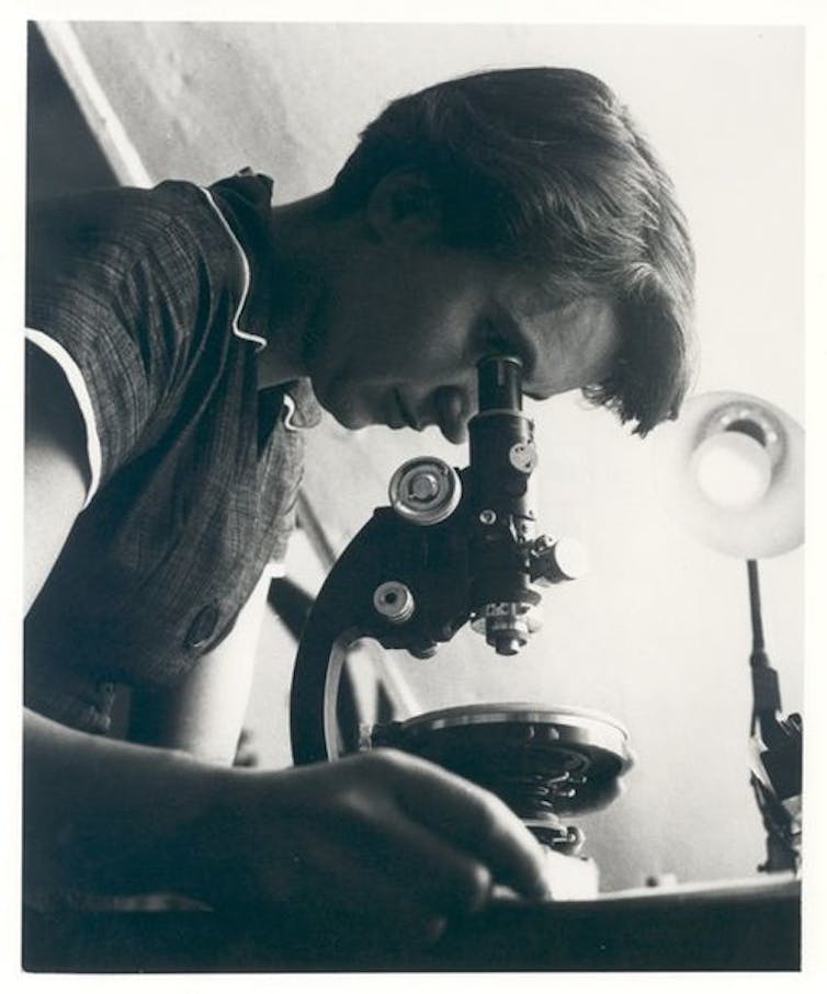 Rosalind Franklin met microscoop in 1955.