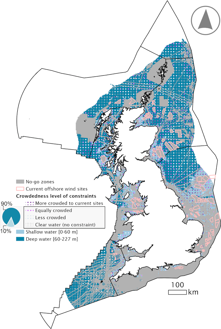 Kaart van no-go zones voor offshore windparken rond Groot-Brittannië.