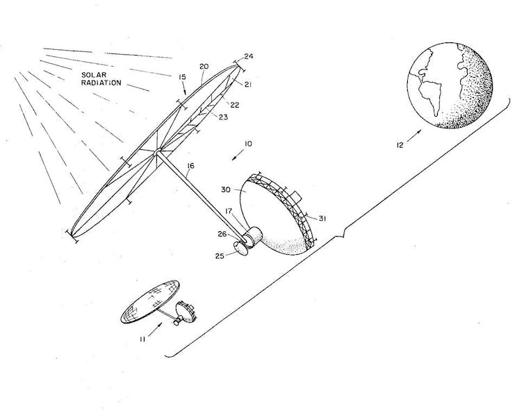 Tekening uit U.S. Patent van Peter Glaser's satellietgebaseerde methode om zonnestraling om te zetten in elektrische energie.