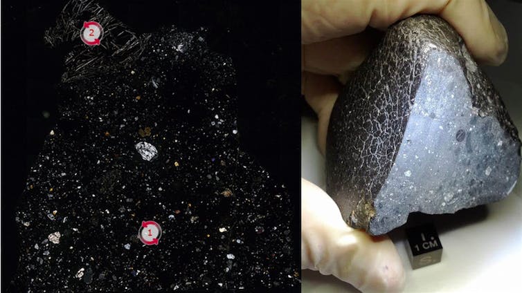 Een koolstofhoudend chondriet meteoriet onder de microscoop en een handmonster.