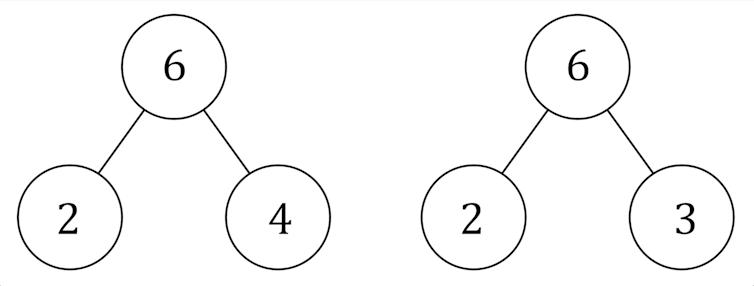 Diagram van verbonden cirkels met getallen erin, zoals hierboven beschreven.